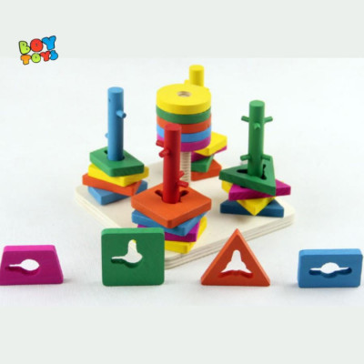 Đồ Chơi Gỗ Luyện Tay Luồn Cọc Thông Minh - Thả Hình Khối Trên 5 Cột Trụ Đa Dạng Cho Bé