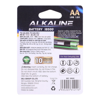 Pin kiềm Akaline AA Deli - Vỉ 2 viên/ 4 viên - 18500 / 18501