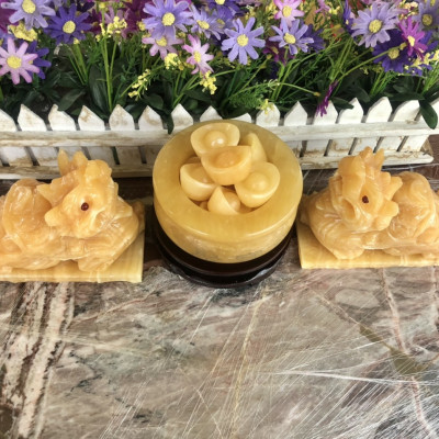 Bộ combo Tỳ Hưu dài 15cm và Bát tụ bảo, bát tụ tài, bát tụ lộc phong thủy đá ngọc hoàng long đường kính 12 cm chiêu nạp tài lộc