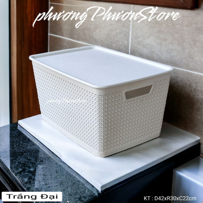 Combo 2 giỏ nhựa đan giả mây đựng đồ kiểu Hàn Quốc có nắp size đại