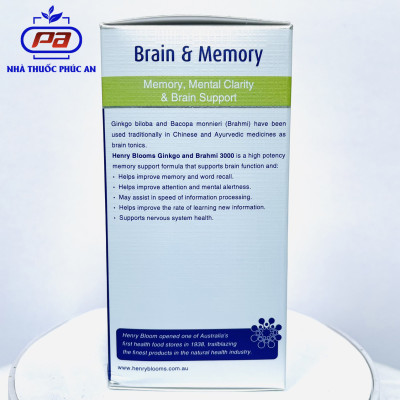 Viên uống bổ não, tăng cường trí nhớ Ginkgo and Brahmi 3000 Henry Blooms 30 - 60 viên