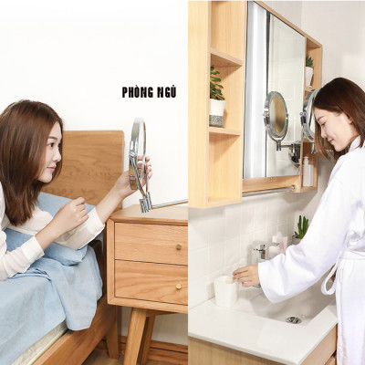 Gương trang điểm phóng đại 3 lần, xoay 360 độ, 2 mặt siêu nét, treo tường phòng tắm, phòng ngủ, Khách sạn, resort, Inox SUS 304, Size 15cm, 18cm, 20cm, Minh House