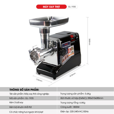 Máy xa thịt Gali GL-1935 - Công suất mạnh mẽ 1800W. Máy đùn thịt công nghiệp. Hàng chính hãng chất lượng cao. BH 24 Tháng
