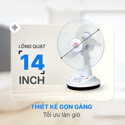 Quạt Sạc Tích Điện để bàn AC&DC 14 inch Honjianda FL314 có đèn LED & sạc USB - Hàng Chính Hãng