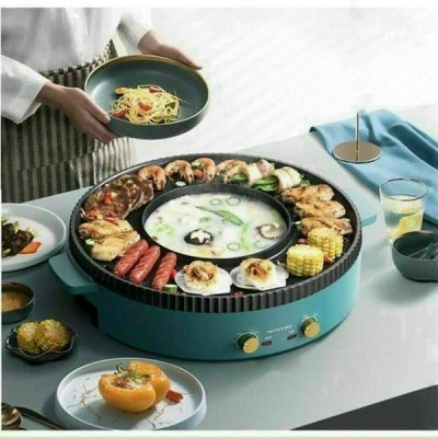 Bếp Lẩu Nướng Đa Năng 2 Trong 1, Lẩu Nướng Tròn Xanh 2 Nút Bật Tắt Riêng Biệt - Hàng Chính Hãng