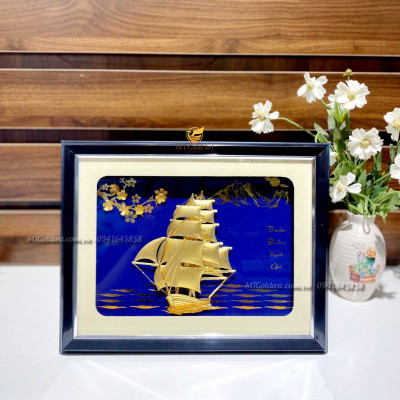 Tranh thuyền buồm hoa mai dát vàng(27x34cm) MT Gold Art- Hàng chính hãng, trang trí nhà cửa, quà tặng sếp, đối tác, khách hàng.