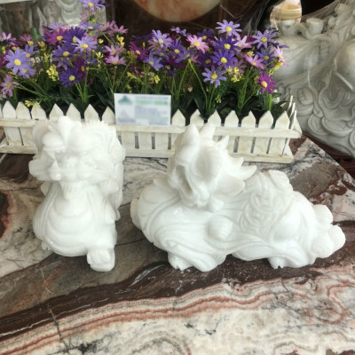 Cặp Tỳ Hưu phong thủy đá cẩm thạch trắng - Dài 25 cm