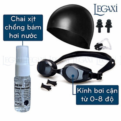 [COMBO 5] Combo kính bơi cận 0-8 độ, mũ bơi, chai xịt chống bám hơi nước, nút bịt tai, kẹp mũi đi bơi, đi biển Legaxi