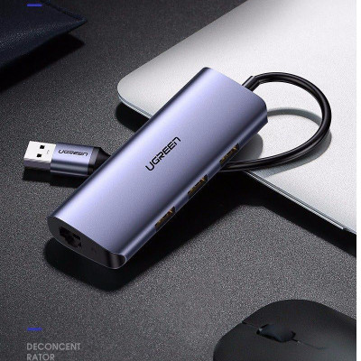 Ugreen UG60719CM252TK hub USB 3.0 ra 3*USB 3.0 + 10/100/1000 gigabit lan màu xám chất liệu nhôm cổng nguồn micro - HÀNG CHÍNH HÃNG