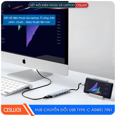 Hub Chuyển Đổi USB Type C ASWEI 7 in 1 - HDMI, USB 3.0, SD, TF, USB C, PD 100W Tốc Độ Cao - Hàng Chính Hãng