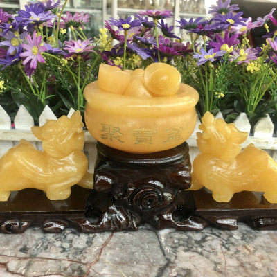 Bộ combo Tỳ Hưu dài 10 cm và bát tụ bảo đường kính 10 cm phong thủy đá ngọc hoàng long