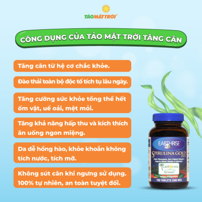 Tảo Mặt Trời Earthrise Spirulina Gold Plus - Hỗ trợ tăng cân - Lọ 360 viên