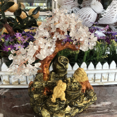 Cây Tài Lộc với tiểu cảnh bát tụ bảo và cóc thiềm thừ ngậm tiền phong thủy tài lộc đá thạch anh trắng - Cao 30 cm