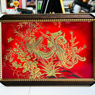 Tranh Sơn Mài - ĐÔI CHIM PHỤNG HOÀNG - Nền Đỏ Rực Rỡ | Size 50x80 cm | Sang Trọng – May Mắn – Phong Thủy