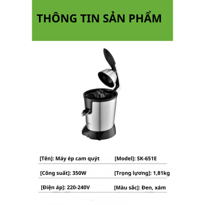 Máy vắt cam, máy ép cam SOKANY SK-651E - Công suất 350W, vắt cam nhanh chóng, tiện lợi, dễ dàng vệ sinh, sử dụng - HÀNG CHÍNH HÃNG