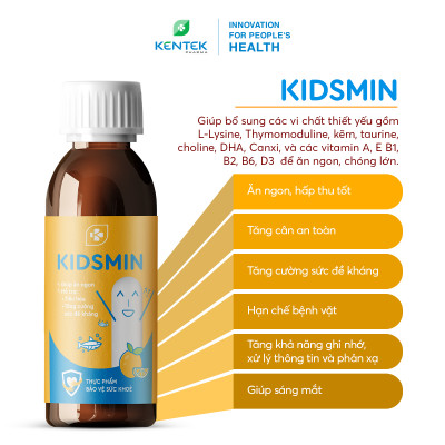 Siro ăn ngon, tăng cân an toàn, phát triển thể chất và trí não cho trẻ suy dinh dưỡng, đề kháng yếu KIDSMIN | Kentek Pharma | Chai 100ml