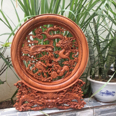 Đĩa tranh trí phong thủy trạm khắc long ly quy phượng bằng gỗ hương đá kt mặt rộng  35×4cm