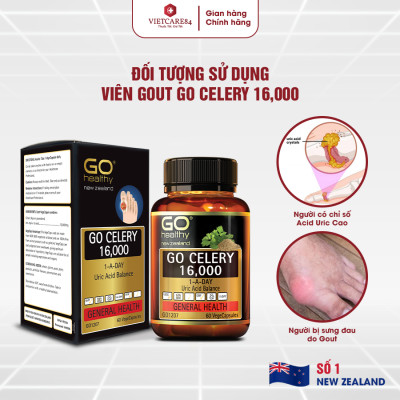 Viên gout nhập khẩu chính hãng New Zealand GO CELERY 16000mg (60 viên) giúp giảm các triệu chứng bệnh gút: giảm uric acid, làm giảm triệu chứng sưng đau do gut