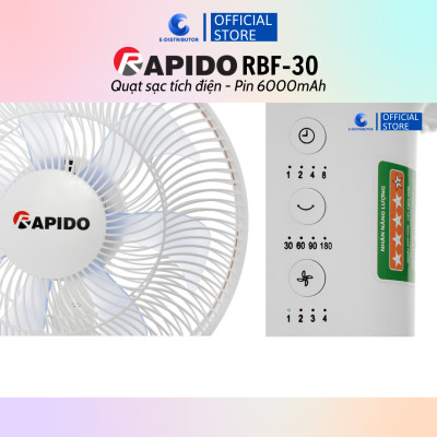 Quạt sạc điện có điều khiển Rapido RBF-30 (Pin 6000mAh) - Hàng chính hãng - Công suất: 30W  - Chế độ gió: Gió thường