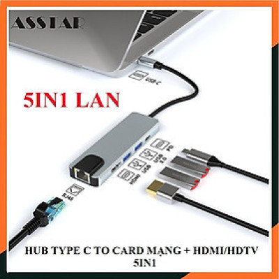 Hub Type C, Hub USB 3.0 5in1, Cổng Chuyển Đổi Type C To HDMI/HDTV, USB 3.0, RJ45, PD, Type C dành cho Mac book, Laptop, PC - Hàng Chính Hãng