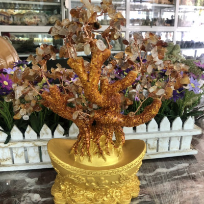 Cây Tài Lộc phong thủy đá mã não với đế hình thỏi vàng để bàn làm việc, bàn thờ thần tài - Cao 30 cm