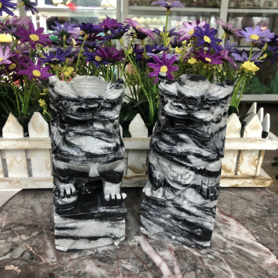 Cặp Kỳ Lân phong thủy đá cẩm thạch vân đen - Cao 15 cm