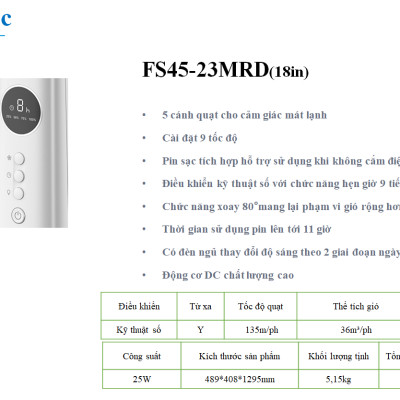 Quạt Cây Đa Năng Midea MFS18ODOBPW / FS45-23MRD (Quạt Sạc Hàng Chính Hãng, Động Cơ DC inverter 30w)