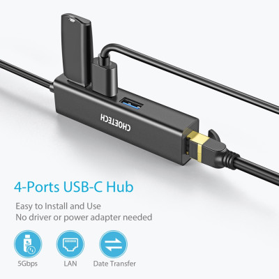 Hub Adapter 4 in 1 CHOETECH U02BK chuyển từ Type-C ra 3 cổng USB 3.0 & cổng LAN RJ45 dùng cho Macbook / Laptop (tốc độ cao, kết nối nhiều thiết bị, kết nối internet có dây) - Hàng chính hãng