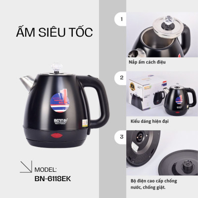 Ấm Đun Nước Siêu Tốc Inox 304 Thương Hiệu Bennix Thailand BN-6118EK Dung Tích 1.8L- Hàng Chính Hãng