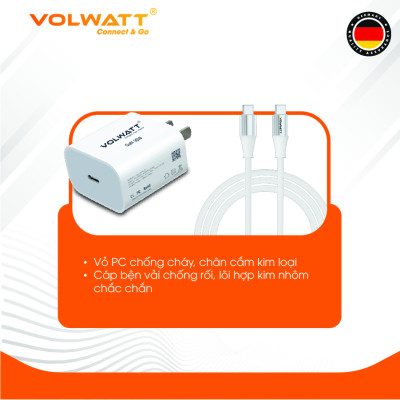 Bộ củ cáp sạc siêu nhanh Volwatt GE-30G-SCC 30W GaN hàng chính hãng | Adapter PD Type-C + Cáp Type-C 60W, BH 12 tháng