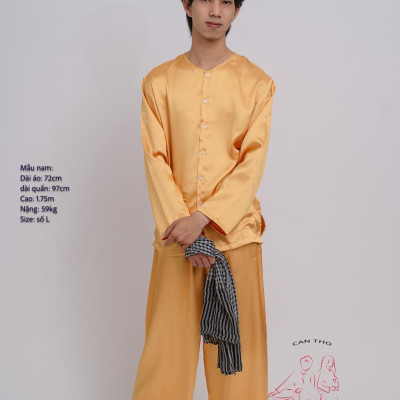 Bộ áo bà ba nam vải phi bóng vàng đồng- Có bộ bà ba Bigsize- may sỉ bà ba toàn quốc - May bộ bà ba theo yêu cầu