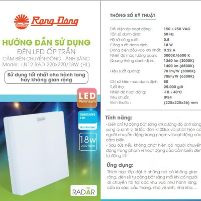 Đèn LED ốp trần cảm biến chuyển động có tích hợp cảm biến ánh sáng Rạng Đông Model: LN12.RAD 220x220/18w HL