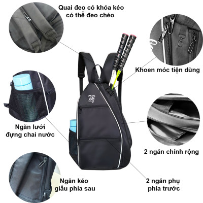 Balo thể thao đựng vợt TROY họa tiết logo Pickleball, cầu lông, Tennis, vải bố chống thấm, size 45 x 33 x 18cm