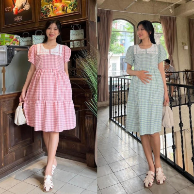 Đầm bầu karo cổ thuỷ thủ phom babydol trẻ trung, đáng yêu