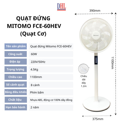 Quạt đứng điện tử có điều khiễn từ xa, hẹn giờ Mitomo FCE-60AEV, công suất 60W, động cơ dây đồng - Bảo hành 2 năm hàng chính hãng