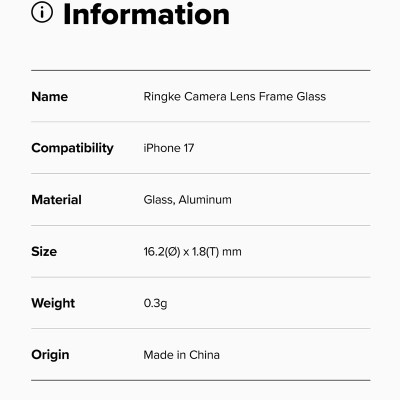 [Combo 2] Dán camera cho iPhone 17 Pro Max / 17 Pro / 17 / Air RINGKE Lens Frame Glass - Hàng Chính Hãng