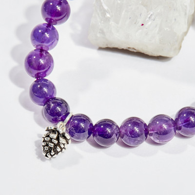 Vòng tay phong thủy nữ đá thạch anh tím charm trái thông 8mm mệnh hỏa , thổ - Ngọc Quý Gemstones