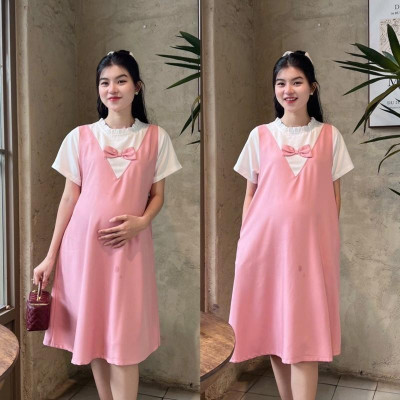 Đầm bầu yếm liền công sở cổ bèo tim đính nơ chất cotton lạnh mềm mịn dễ thương