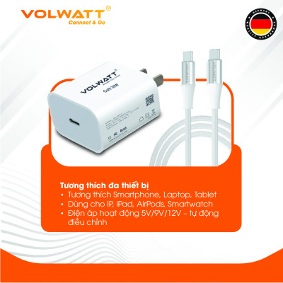 Bộ củ cáp sạc siêu nhanh Volwatt GE-30G-SCC 30W GaN hàng chính hãng | Adapter PD Type-C + Cáp Type-C 60W, BH 12 tháng