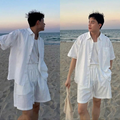 Sơ mi nam ngắn tay trơn cổ bẻ khóa cúc thanh lịch vải sợi tự nhiên Linen mềm mát