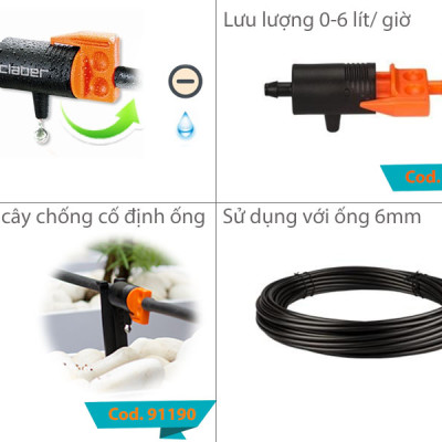 Bộ Tưới Nhỏ Giọt Cơ Bản Claber Drip Starter Kit, dùng cho 20 chậu cây, đầu tưới nhỏ giọt điều chỉnh lưu lượng 0-6 l/h DRIPKIT20TC Claber