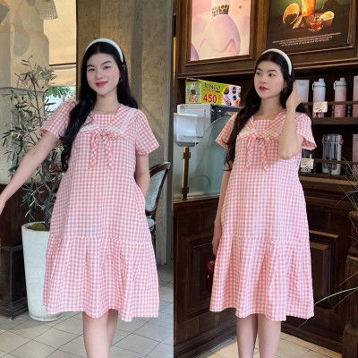 Đầm bầu đuôi cá cổ thuỷ thủ phối viền ren chất Cotton Hàn Váy bầu năng động