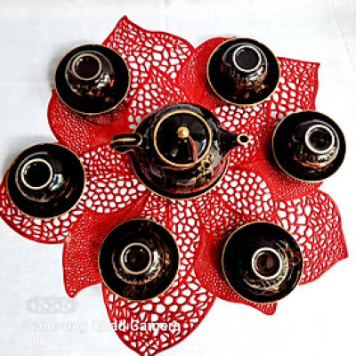 Bộ ấm trà men hỏa biến đen vẽ sen vàng 24k gốm sứ Bát Tràng cao cấp