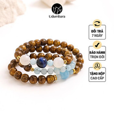 Vòng trầm hương tự nhiên quấn 3 mix đá Aquamarine, mắt hổ xanh dương cao cấp chính hãng 2VTH031- UDUMBARA