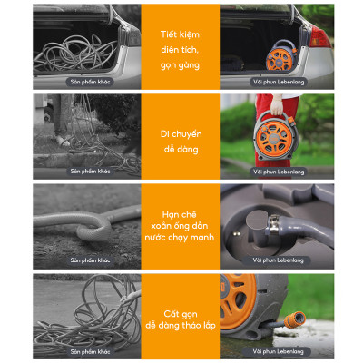 Bộ vòi nước tưới cây, rửa xe đa năng Lebenlang LBLB3368 dây dài 12m, 5 đầu phun đi kèm - hàng chính hãng