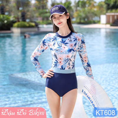 Bộ Bơi Nữ Liền Quần Tam Giác Kèm Chân Váy Rời, Áo Dài Tay Chống Nắng UV Màu Sáng, Thun Bơi Mát, Có Sẵn Đệm Tròn Tạo Phom | KT608