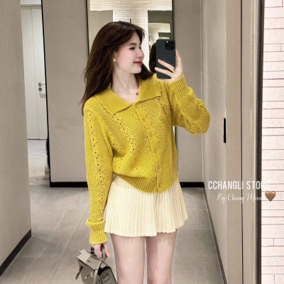 Áo Len Nữ Cổ Sóng Màu Vàng Form Ngắn Hack Dáng, Chất Len Mềm Mịn Hot Trend