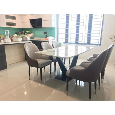 Bộ bàn ăn chân X 1m6 + 6 ghế Monet có tay mặt đá ceramic  Thương hiệu Nội Thất Bình Long 