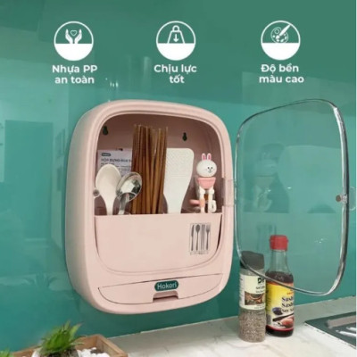 Hộp đựng đũa thìa dán tường Hokori Việt Nhật có nắp đậy hít từ - 4 ngăn 