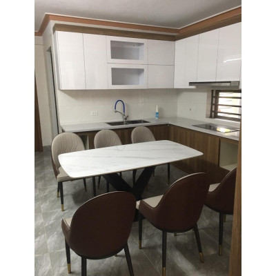 Bộ bàn ăn chân X 1m6 + 6 ghế Monet có tay mặt đá ceramic  Thương hiệu Nội Thất Bình Long 